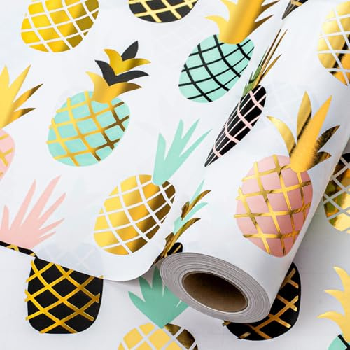Wikadlik Colorful Pineapple Wrapping Paper, 43cm x 10m Mini Roll Metallic Gold Shine Tropical Fruit Pattern Gift Wrap Paper for Birthday, Summer, Holiday