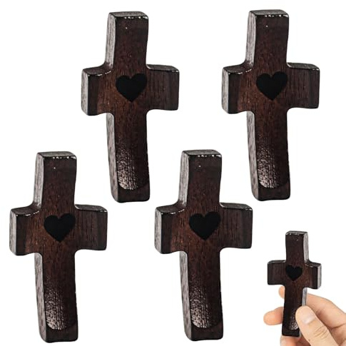TIVUNORON 4 piezas pequeñas cruz de madera, tallada a mano de madera con corazones, cruz mi corazón pulgar cruz para oración, regalo de aliento para oraciones devocionales, bautismo, comunión