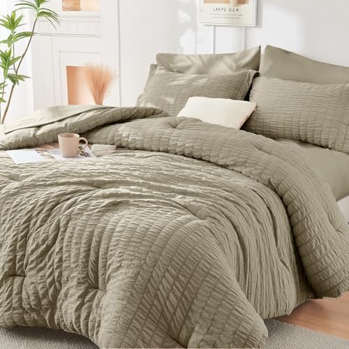 HYMOKEGE Linen Twin Comforter Set Seersucker 5 Pieces, All Season Luxury Bed in a Bag for Bedroom, Bedding Set with Comforter, Sheets, Pillowcase & Sham