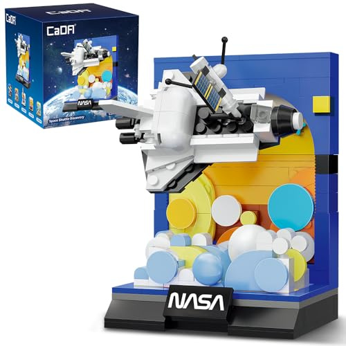 CaDA C56041W - Modelo de bloque de construcción de transbordador espacial, serie de exploración espacial con base de exhibición del logotipo de Nassa, juguete de montaje creativo de nave espacial