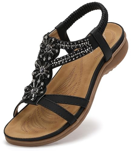 Littleplum Damsandaler sommar platta sandaler bohemiska strandsandaler, Svart, 41 EU