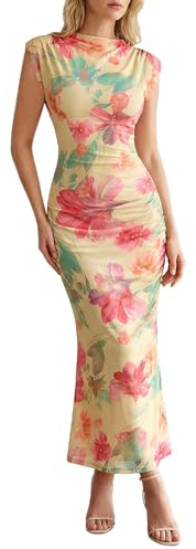 Milumia Women's Floral Sleeveless Ruched Bodycon Midi Dress Mock Neck Slit Thigh Summer Dresses Pink and Yellow Small