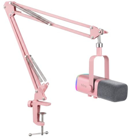 FIFINE XLR Streaming Micrófono Dinámico de Podcast, RGB Gaming Micrófono USB con Soporte Microfono per Ordenador PS4 PS5, para Podcast Estudio Podcasting Grabación - Rosa