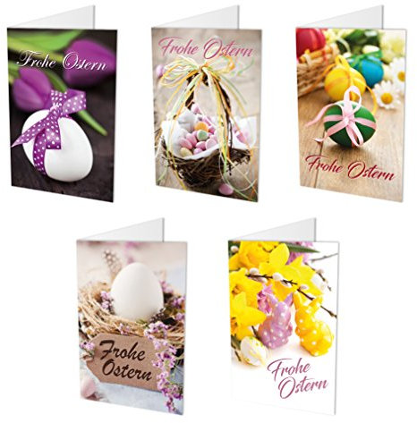 10 hochwertige Osterkarten (Klappkarten) im Set (5 Motive mit jeweils 2 Grusskarten) inklusive 10 haftklebender Umschläge, Ostern, Ostergrüße, Osterkarten