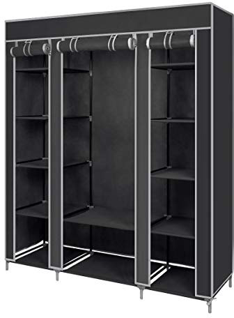 Mondeer Stoffschrank für Schlafzimmer, Kleiderschrank, zusammenklappbar, mit sechs Reißverschlüssen und DREI Türen, schneller Zugriff, 175 x 150 x 45 cm, großes Stauraum, Schwarz