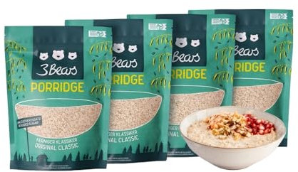 3Bears Porridge - Kerniger Klassiker I 4x400g veganes Porridge mit Vollkorn-Haferflocken I Mit rein natürlicher Süße und ohne Zusatzstoffe I auch als Oatmeal, Frühstücksbrei oder Overnight Oats