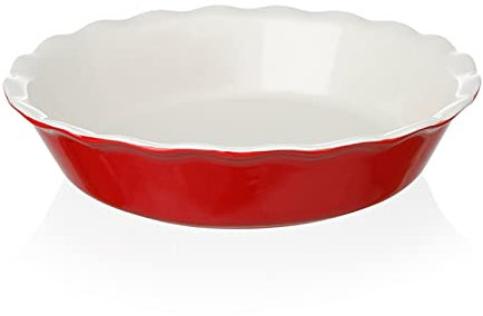SWEEJAR Ceramic Pie Pan for Baking, 25.4 cm Round Baking Dish for Dinner, Non-Stick Pie Plate with Soft Wave Edge for Apple Pie, Pumpkin Pie, Pot Pies (Red)