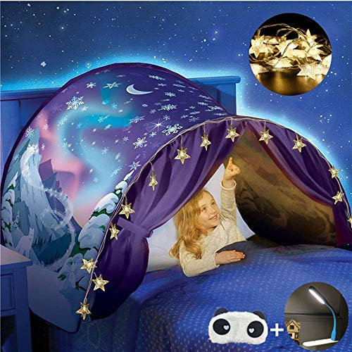 Dream Tents - Tienda de Cama para niños, Tienda de ensueño Plegable Pop Up Cama Tienda Playhouse de Tienda Infantil Jugar Tiendas de campaña (Nieve+LED Cadena)