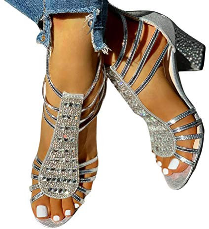 Minetom Sandalias Mujer Bombas Tacones De Bloque Altos Zapatos Verano Con Cremallera Para Fiesta Ocio Boda Noche A Plateado 38 EU