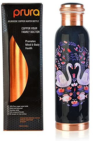 PRURA Pure bedruckte Kupfer-Wasserflasche, auslaufsicher, ayurvedisches Trinkgeschirr, Kupfergefäß für Sport, Fitnessstudio, Outdoor, Yoga, gesundheitliche Vorteile (850 ml)