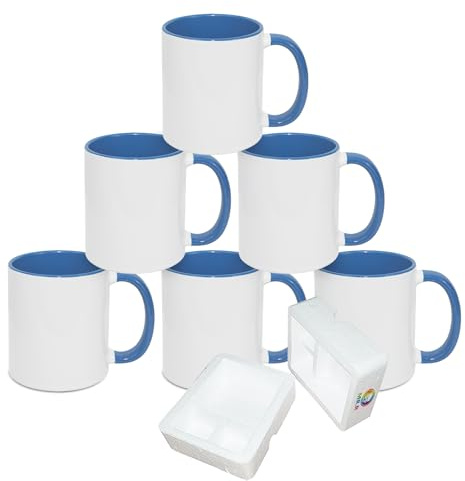 MR.R Sublimation Blanks - Tazas de café de cerámica para lavavajillas con taza de color azul interior y asa, taza para beber con leche, té, agua de cola, 11 onzas, juego de 6
