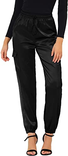 Allegra K Pantalones Cargo de satén Sedoso de Tiro Alto elástico con cordón para Mujer Negro L