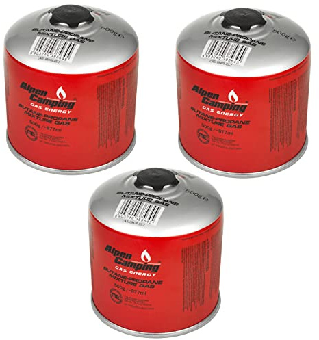 Alpen Camping IK008 3 cartuchos de gas de 877 ml / 500 g con cartucho de rosca de propano-butano con conexión de 7/16 para hornillo de gas, hornillo de camping, quemador Bunsen, quemador de soldadura