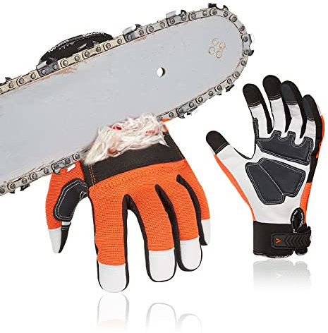Vgo... Chainsaw Gloves 12-Layer Protection on Both Hands, Safety Goat Leather Foresty Work Gloves with Touchscreen(M,Orange,1 pair)