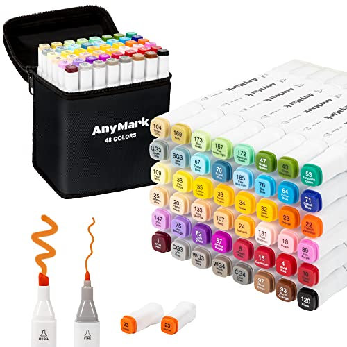 AnyMark Alkohol Marker, 48 Farben Marker Stifte Set, Twin Tip Künstler Stifte Set für zum Zeichnen, Ausmalen und Skizzieren, Meißel- & Feinspitzen