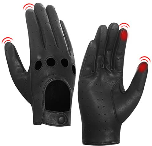 Harssidanzar Damen Sommer Leder Fahrhandschuhe Lammfell Touchscreen Fahrhandschuhe GL009EUA,Schwarz,Größe L
