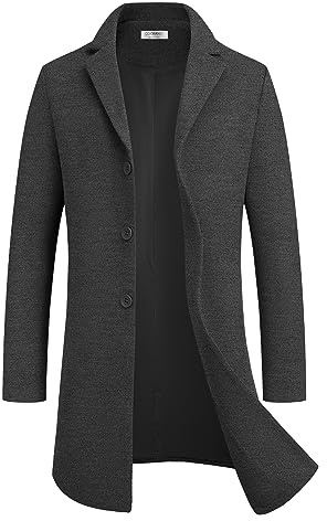 COOFANDY Mens Wool Blend Coat Slim Fit Classic Single Breasted Trench Coat Warm Winter Notched Lapel Collar Over Coat Dark Grey L