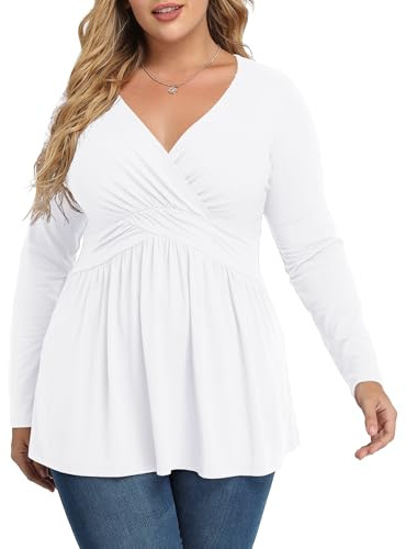 TIANZHU Plus Size White Tops for Women Wrap Baby Doll Shirt Long Sleeve Winter Tunic Top Dressy V Neck Blouse Empire Waist Low Cut Flowy Peplum Clothing, White, 4XL