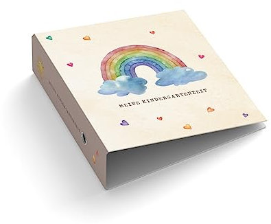 Ringordner | Ordner für Kinder | Wunschtext personalisieren | Regenbogen mit Herz | Mit Griffloch | für DIN A4 | 7,4 cm breit | Kindergartenzeit | Wolken