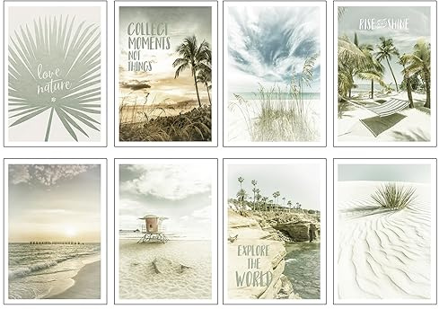 Set 8 cuadros base madera, Decoración Salón Modernos, Dormitorios, Habitación, paisaje, playa, naturaleza con colgadores metálicos, (38 x 29 cm cada cuadro)