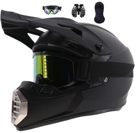 Motocross Helm Schwarz, Downhill Motorradhelm Kinder, Jugend Motorradhelme, Roller Ski ATV Helm Herren Motocross Fullface MTB Helm Motorradhelm Herren Damen, Mit Handschuhe Maske (Color : Black, Siz