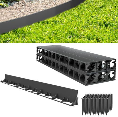 Aufun Flexible Rasenkante Kunststoff 12M, Pflasterkante Beeteinfassung Beetumrandung Mähkante Kantenstein mit 50 Erdanker, Sehr gut Rasenkantensteine zu verarbeiten(58mm, Schwarz)