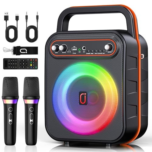 JYX Karaoke Machine with 2 Wireless Microphones, Portable Bluetooth Speaker PA System with ECHO and RGB LED Lights, Supports USB/AUX/SD Card/REC, Ideal for Home Party and Outdoor Use (50W)