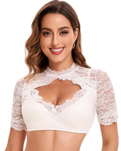 Goxozzy Dirndl Bluse, Camicia Dirndl Donna, Camicia Bavarese Donna, Camicetta Dirndl in Pizzo,Autentica e Classica Camicia Oktoberfest con Taglio alla Pancia per Donne.Bianco,36