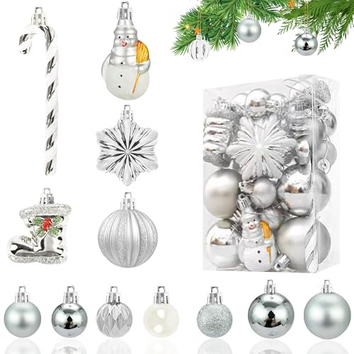Weihnachtskugeln Set 34 Stücke Kunststoff Christbaumkugeln Silber Weiß Weihnachtsdeko Kugeln 13/8/6/3cm Weihnachtsbaumkugeln Plastikkugel Christbaumschmuck Weihnachten Dekoration