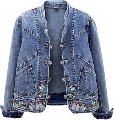 Veste en Jean à Manches Longues Brodée De Boutons Vintage Bleu pour Femme Printemps Automne Veste Souple Polyvalente avec Poches (Bleu,M)