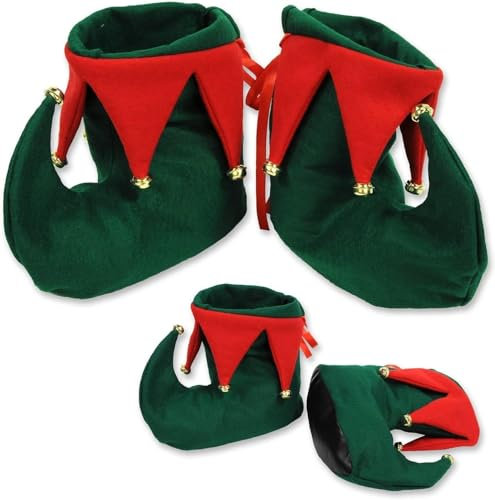 Adults Deluxe Christmas Elf Shoes Fancy Dress, Elves Shoe Covers Novelty Red Green Curly Toe Boots Santa’S Fancy Dress Accessories Little Helper Adult With Rubber Grip Soles Up To Size 10