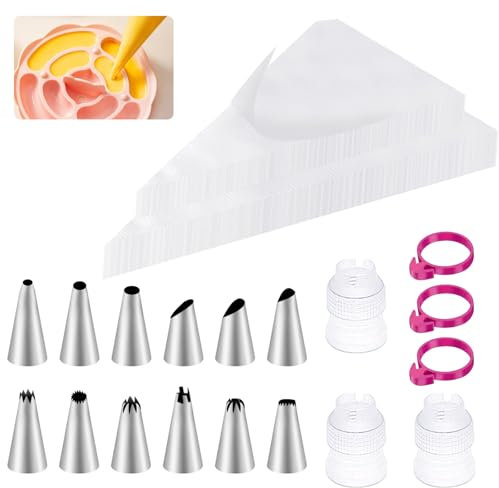 zgpzlhd 200 Poches à Douille Patisserie, Poches à Douille Jetables, 12 Douilles en INOX, 3 Adaptateurs, 3 Élastiques Supérieurs pour Poche à Douille, Fournitures de Décoration de Gâteaux de Biscuits