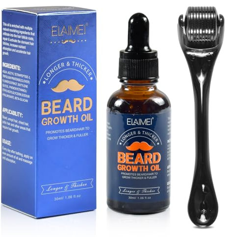 UieaMsio Bartwuchs Set, 30ml Bartwuchs Kit mit Bartroller 0,25mm, Bartwuchs-Serum-Öl/Beard Roller, Bartwuchs Bartöl Stimuliert das Wachstum, Bartpflege-Set Bestes Geschenk für Männer/Vater