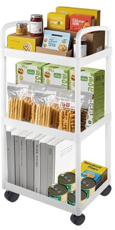 CROWNSHOP 3-Tier White Storage Trolley on Wheels - Kitchen Trolley with Lockable Wheels | Plastic + Stainless Steel Mobile Organiser for Bathroom Office