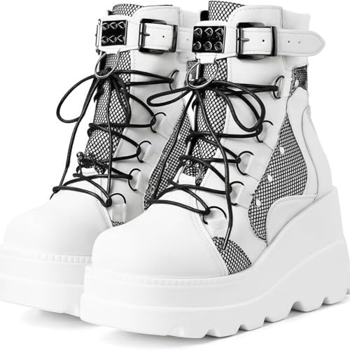 Maimeili Women's Gothic Platform Combat Boots with Bat Wings Lace-up with Buckle Straps Ankle Boots Chunky Platform Sole Fashion Studded Motorcycle Boots