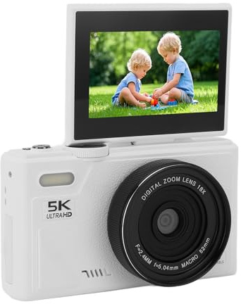 Caméra Numérique Rétro 5K, Caméra 75mp avec Appareil Photo de Voyage Compact à Zoom Optique 18x 3 pour (White)
