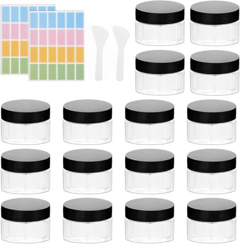 Lot de 16 boîtes transparentes de 50 ml avec couvercle noir, spatules et étiquettes, pour crèmes, cosmétiques, bricolage et mini bougies