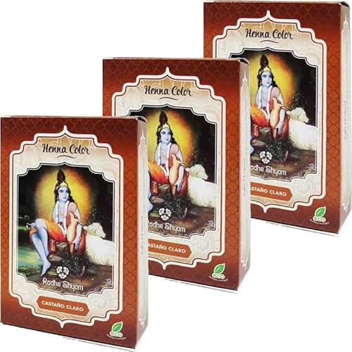 Pack 3x Henna Castaño Claro en Polvo 100g | Rhade Shyam | Coloración Capilar Vegetal | 100% Natural y Vegana | Sin Amoniaco ni PPD
