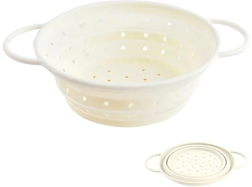 Beige Collapsible Colander, Foldable Kitchen Colander with Handle, Food-Grade Silicone Fruit Washer & Pasta Strainer, Heat-Resistant & Dishwasher Safe Strainer for Home & Outdoor Use