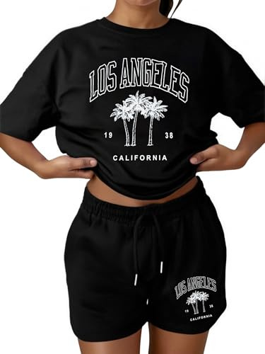 ASTANFY 2 Piece Short Sets for Women Casual Graphic Lounge Set Black
