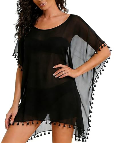 Urker Chiffon Beach Cover Ups for Women,Bikini Swimsuit Cover Up | Lightweight Tassel Beach Dress for Holidays, Seaside, Poolside & Resort