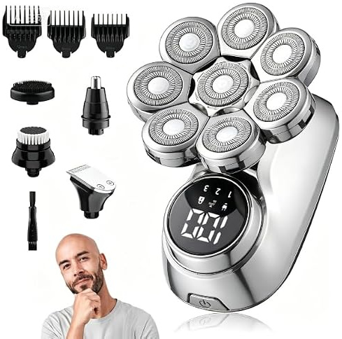 Unipampa Afeitadora Cabeza Hombre, 8D Maquina Afeitar Cabeza para Calvo, 5 en 1 Afeitadora Electrica Hombre Calva, Maquina de Afeitar Hombre en Seco y Húmedo, con 8 Cabezas Rotativa, Pantalla LED