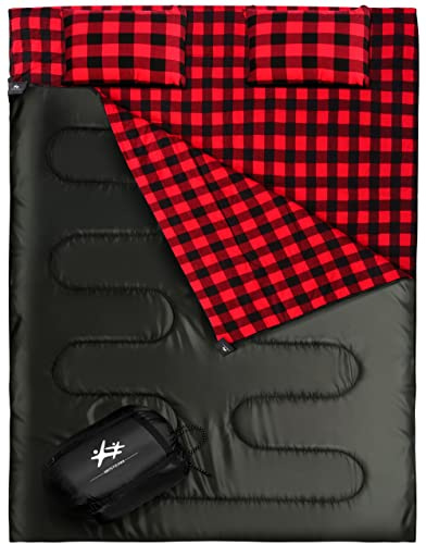 BESTEAM Double Sleeping Bag Flannel for Adults Kids, Queen Size for 2 Person with 2 Pillows, Warm & Cold Weather Sleeping Bag for Camping, Hiking, Waterproof Lightweight with Compression Sack(Black)