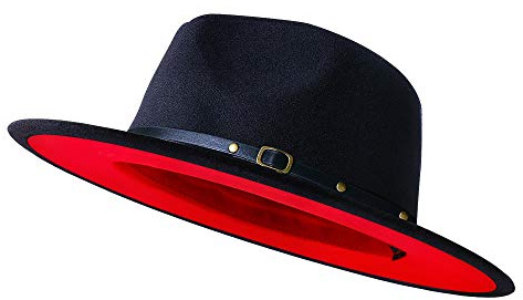 KUJUHA Wide Brim Fedora Two Tone Dress Hat, Small-Medium, Black & Red