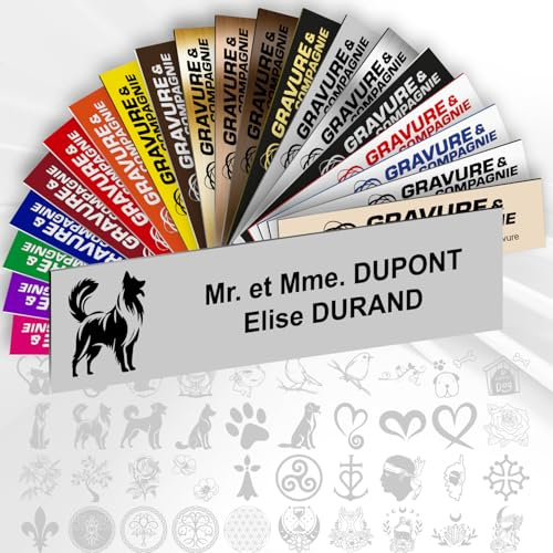 Plaque Boîte aux Lettres Déco Personnalisable De 1 À 3 Lignes – Logo Ou Motif Avec Nom Gravé – Adhésive PVC – 10 x 2,5 cm (Gris Mat + Dessin)