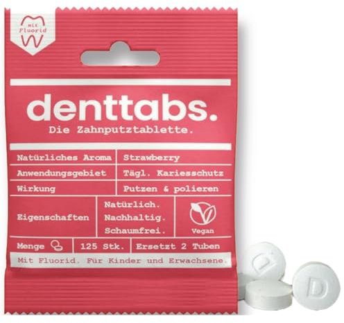 Denttabs Zahnputztabletten Erdbeergeschmack 125 Stk. die vollwertige Alternative zur Zahnpasta, mit angepasstem Fluoridgehalt für Kinder VEGAN Plastikfrei ohne Konservierungsstoffe. kompostable Bag