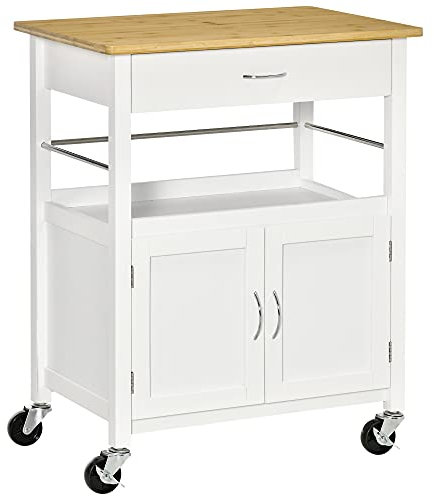 HOMCOM Carrello Cucina con Cassetto Armadietto e Scaffale, Carrellino Portavivande con Piano in Bambù e 4 Ruote, Bianco