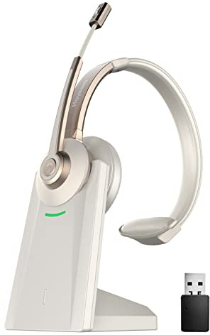Bluetooth Headset, Wireless Headphones with Microphone Noise Canceling & USB Dongle, V5.0 Trucker Bluetooth Headset with Mic Mute & Charge Dock for PC/Laptop/Phone/Meeting/CallCenter/Office Gold