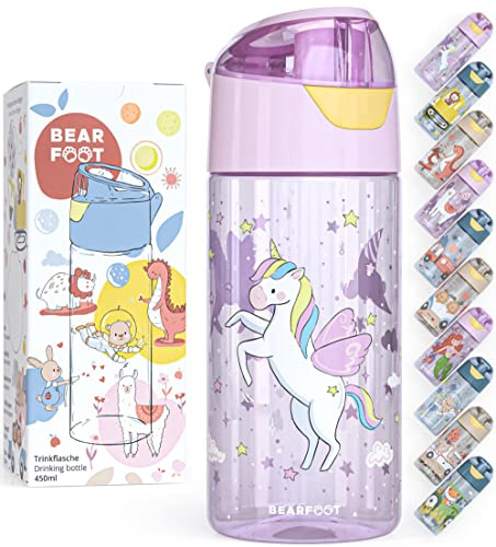 BEARFOOT Vattenflaska för barn 450 ml, lätt tritan-vattenflaska, BPA-fri, läckagesäker, lämplig för kolsyra, diskmaskinssäker för pojkar, flickor, dagis – (lila – enhörning)