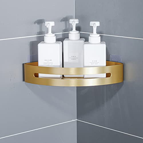 Étagère d'angle de salle de bain en forme de triangle doré brossé avec adhésif ou perçage